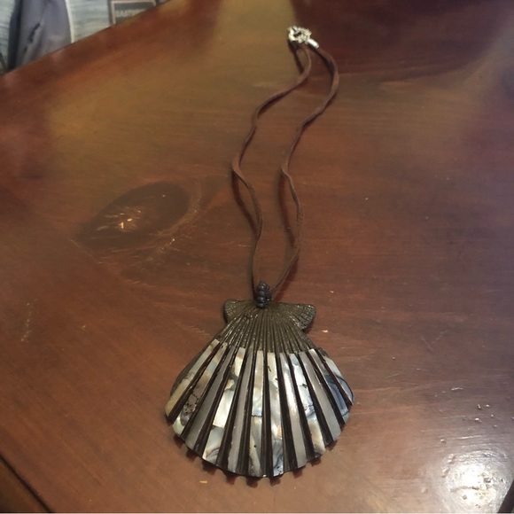 Brown/Gray Shell Pendant Necklace with Brown Cord - Picture 5 of 9